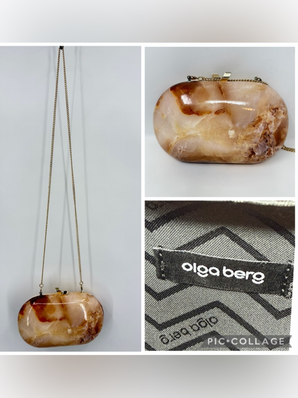Olga Berg Marbled Oval Clutch Shoulder Bag Ivory Tan